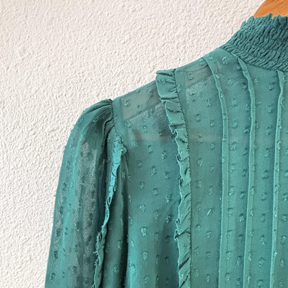 Farm Rio Swiss Dot Mock Neck Blouse Top Womens XS Green Sheer Ruffle Puff Sleeve
